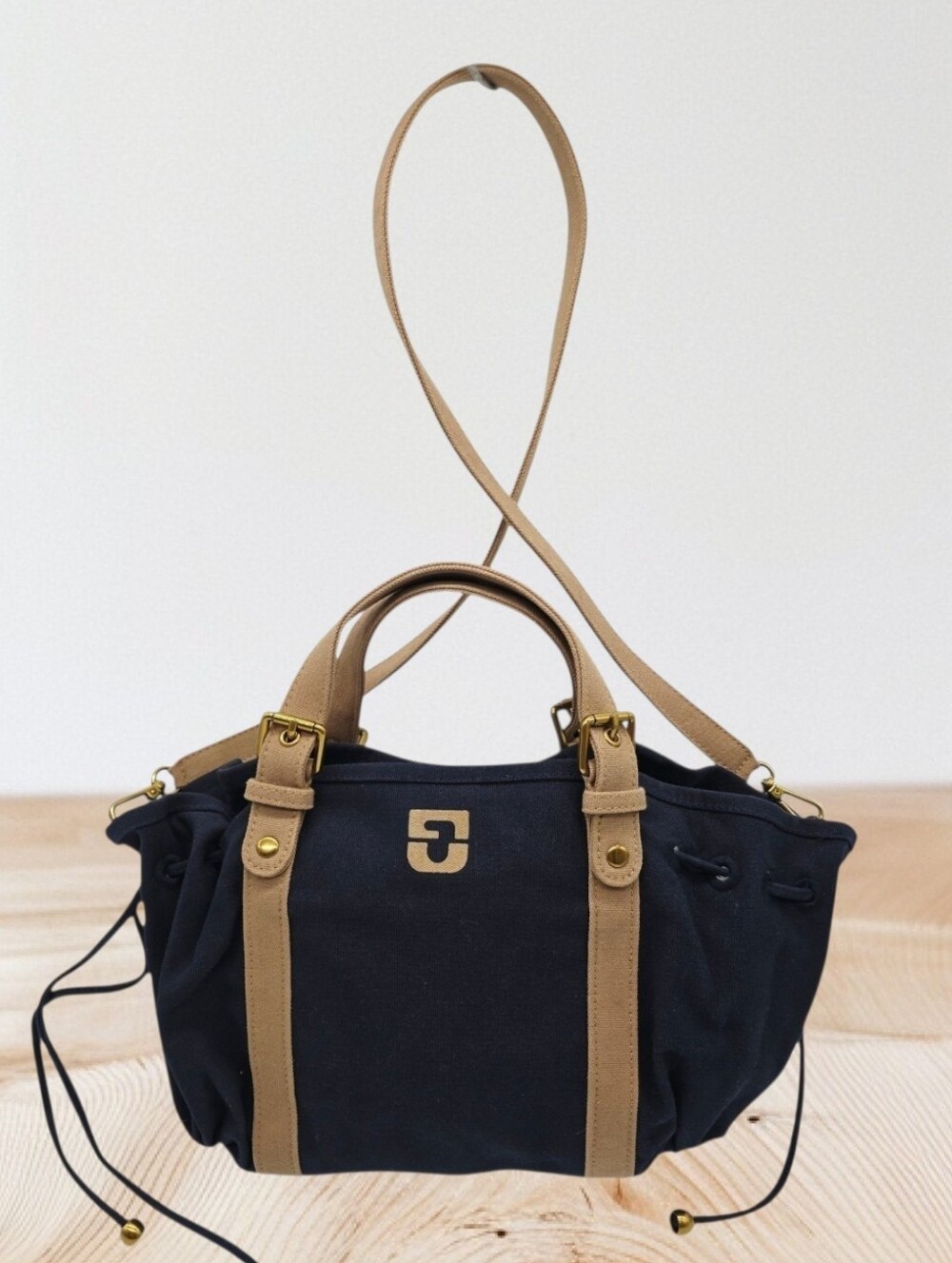Gerard Darel 18H Canvas Tote Satchel in Blue with Tan Accents
